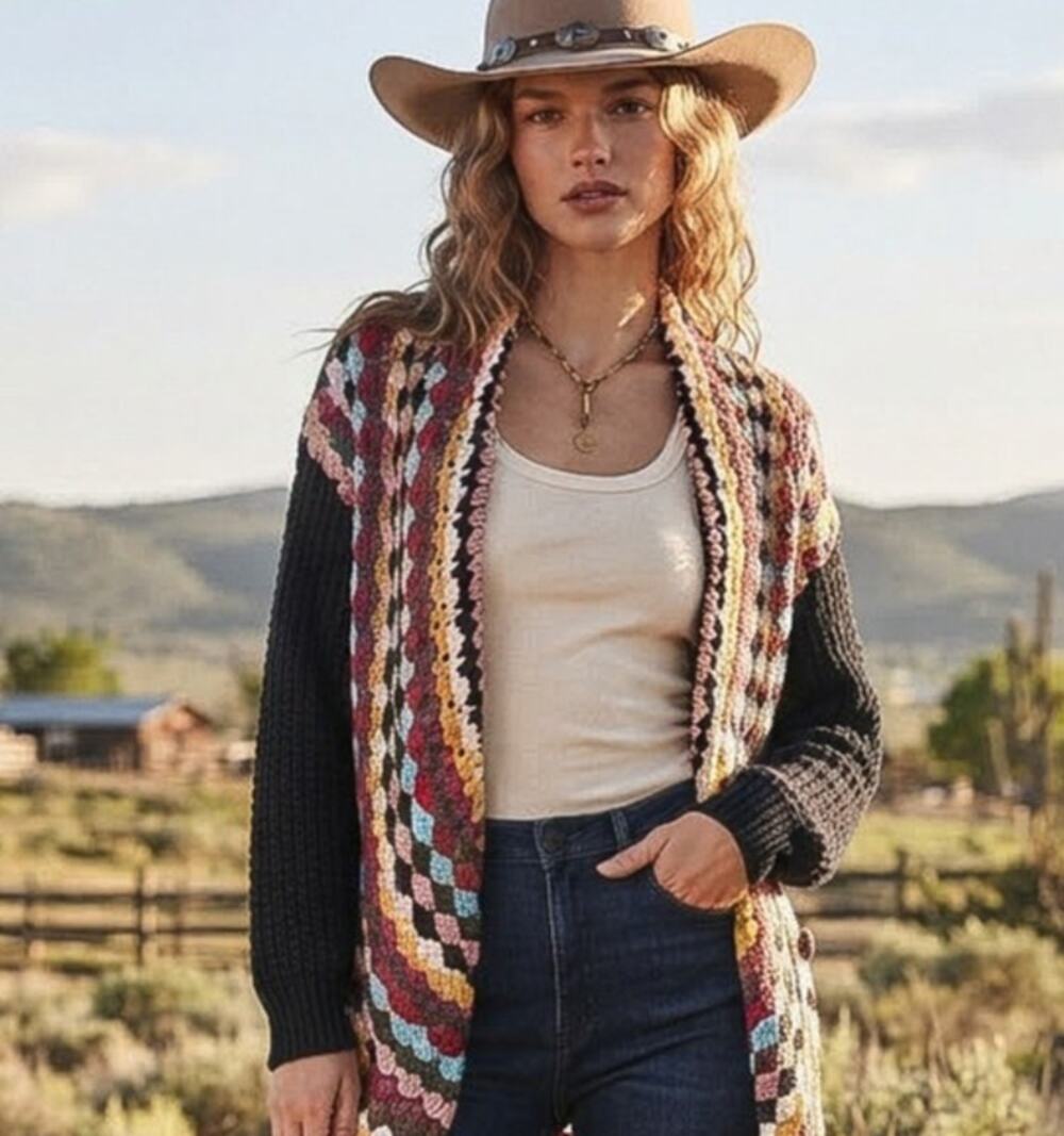 Vibrant Boho Granny Style Scalloped Afgan Pattern Cardigan